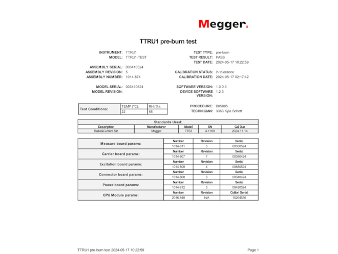 Megger TTRU1-CAL-Cert Calibration Certificate